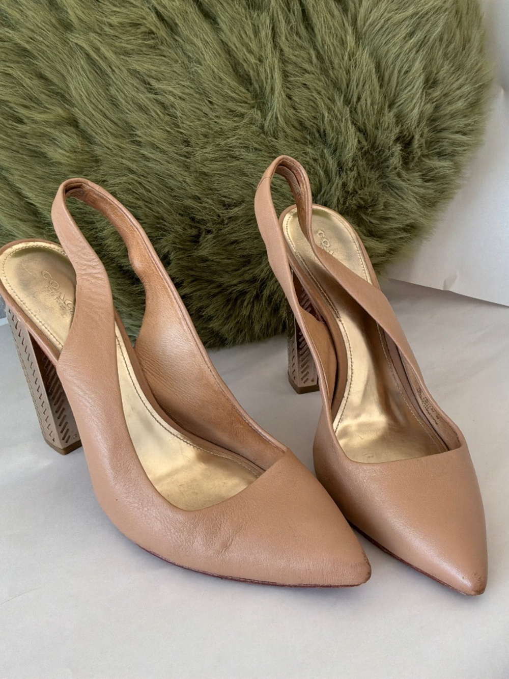 COACH Finley Tan Leather Slingback Block Heels Metaklic Gold Size 10B - Picture 4 of 8
